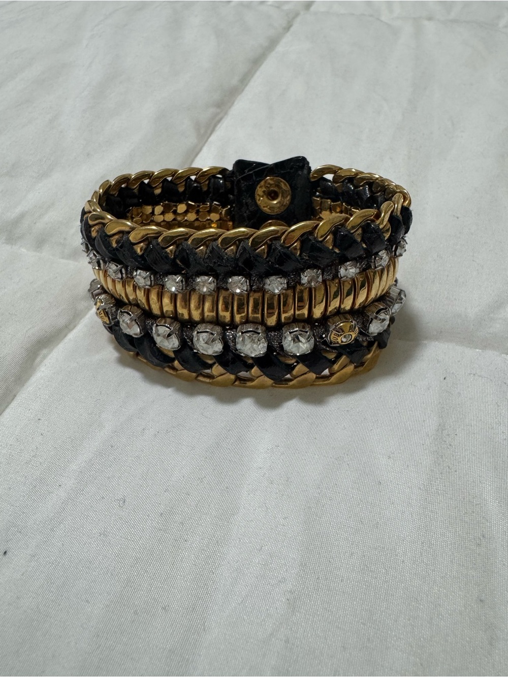 henri bendel Black and Gold Layered Crystal Leather Cuff Bracelet